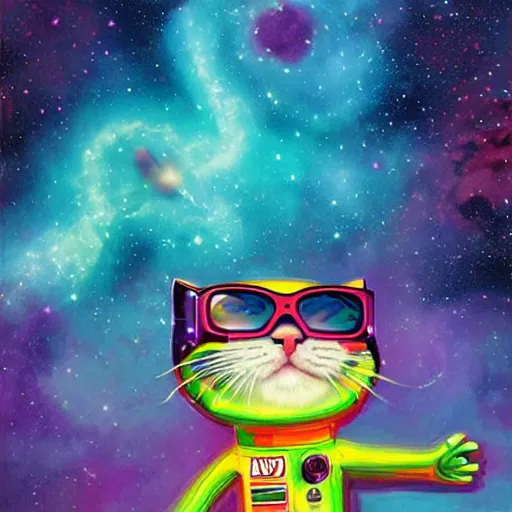 Prompt: a neon astronaut cat with sunglasses, surrounded by a complex nebula, marc simonetti, lisa frank