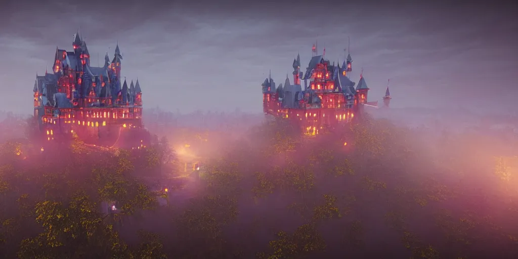Prompt: a highly detailed photo of a hologram castle surrounded by a mist shot during twilight on 3 0 mm film painted by alena aenami, rendered in unreal engine