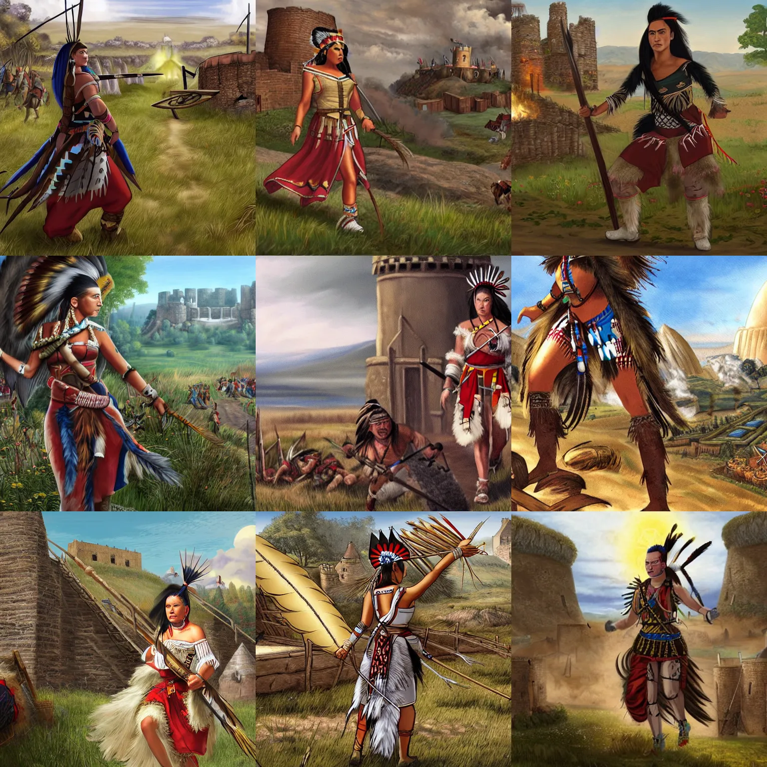 Prompt: A Native American Mohawk princess strides into a captured British fort, loading screen artwork for the game 'Europa Universalis 4'