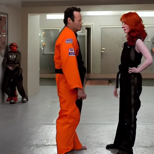 Image similar to vince vaughn as jack fenton, he is wearing an orange coveralls bodysuit with a black neck and a black belt, and christina hendricks as maddie fenton, she is wearing a tight teal coveralls bodysuit with a black neck and black belt, movie photo, spooky netflix still shot, they are looking for ghosts