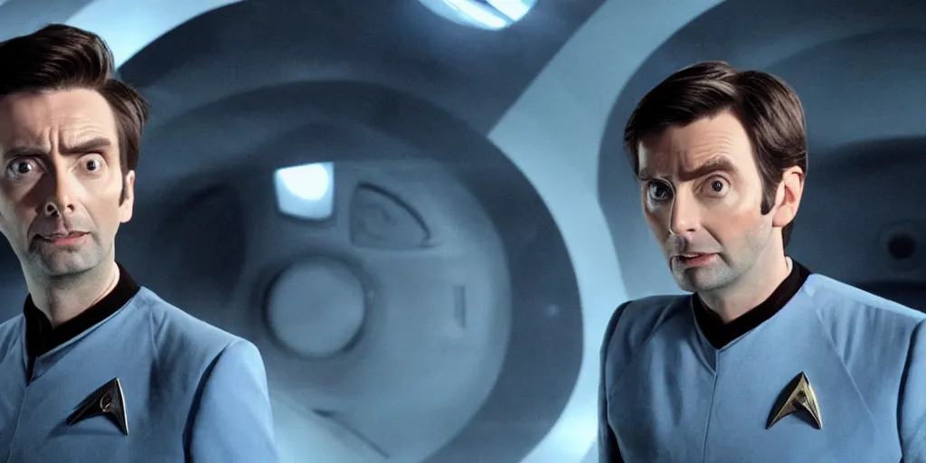 Image similar to David Tennant as Doctor Who, in Starfleet uniform, in the role of Captain Kirk in a scene from Star Trek the original series