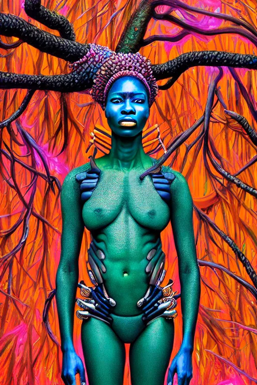 Image similar to hyperrealistic post - maximalist masterpiece super expressive! yoruba goddess with exoskeleton armor, merging with tree in a forest, highly detailed digital art cinematic, smooth cam de leon eric zener dramatic pearlescent soft teal pink light, ground angle hd 8 k, sharp focus
