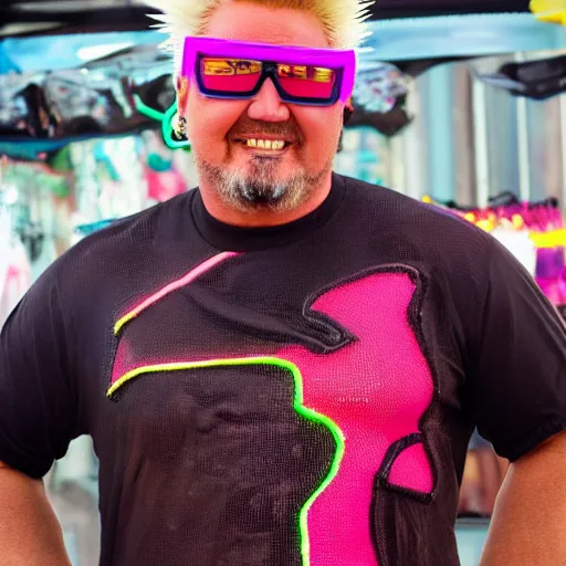 Image similar to guy fieri covered in chocolate wearing a neon colored mesh crop top and pit vipers