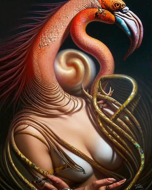 Image similar to a detailed portrait of dreampunk flamingo python hybrid mix goddess by tomasz alen kopera and peter mohrbacher