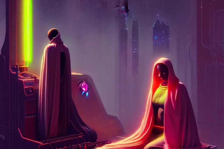 Image similar to patron saint 👩🏾 praying with machine, futuristic long robes clothing, worm hole, neon god of city character portrait, in the style of moebius, wlop, tom bagshaw, and waterhouse, cinematic lighting, beautiful, elegant, oil painting,