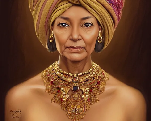 Image similar to mindblowing portrait of an elegant tan woman in her 5 0 s, ornate turban, brown eyes, ruby and gold jewelry, deep focus, symmetrical face, d & d, fantasy, intricate, elegant, highly detailed, digital painting, artstation, concept art, matte, sharp, illustration, hearthstone, art by artgerm and greg rutkowski and alphonse mucha