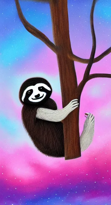 Image similar to a cute sloth hanging on a tree on a beautiful dark night with stars, everything made of thick flowing dramatic brush strokes, abstract impressionism, matte colors, trending on artstation