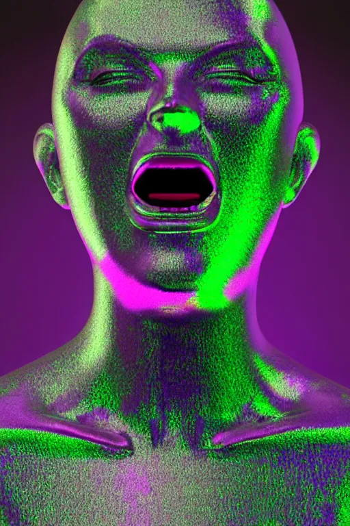 Image similar to 3d render of holographic angry human robotic screaming angry bust made of glossy iridescent, screaming, bust, surrealistic 3d illustration of a human non-binary, non binary model, 3d model human, cryengine, made of holographic texture, holographic material, holographic rainbow, concept of cyborg and artificial intelligence