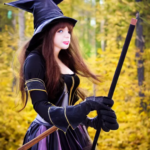 Image similar to young woman witch with magic wand and broom cosplay, she wears boots, full body shot, detailed face, photo taken by nikon, 4k, high quality, very detailed, intricant