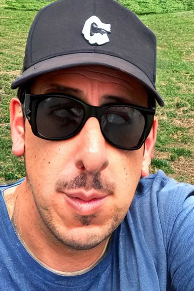 Image similar to a selfie of adam sandler eating a jar of pickles