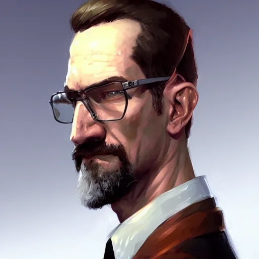 Image similar to a portrait of gordon freeman by Krenz Cushart, high detail, concept art, artstation, 8k