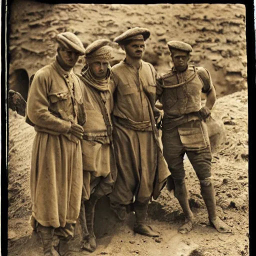 Prompt: ultra detailed photorealistic sepia - toned photo from 1 9 1 7, three clean - shaven british soldiers standing with two bedouin traders in traditional arab garb, at an archaeological dig site, ultra realistic, painted, intricate details, lovecraft, atmospheric, dark, horror, brooding, highly detailed, by clyde caldwell