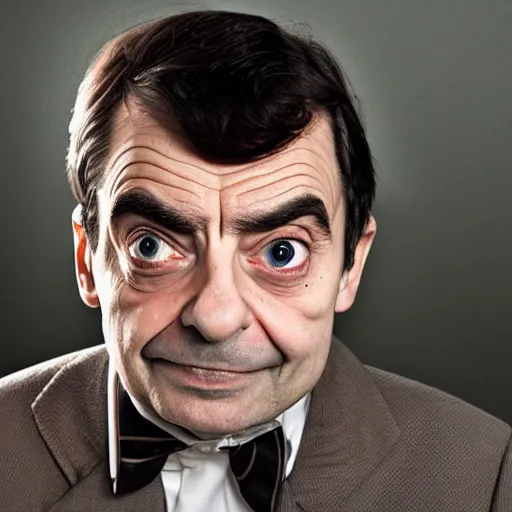 Image similar to A portrait mr bean elizabeth teams up with a teenage mr bean, perfect faces, 50 mm, award winning photography