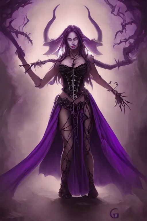 Prompt: Female necromancer, beautiful, enticing, dark purple robes, blue corset, long skirt, dark skin, glowing yellow eyes, violet long hair, high fantasy, heroic character, looking from shoulder, magic energy on hands, detailed face!, detailed!, spellcasting pose, by greg rutkowski, WLOP, Genzoman and Gary Gygax, trending on Artstation artstationHD, artstationHQ, cgsociety, 8K HD