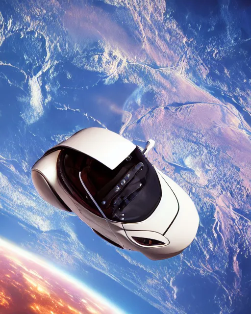 Image similar to elon musk, wearing a space suit and helmet, drives his tesla roadster in outer space, hyperreal, nasa photography, imax, 8 k