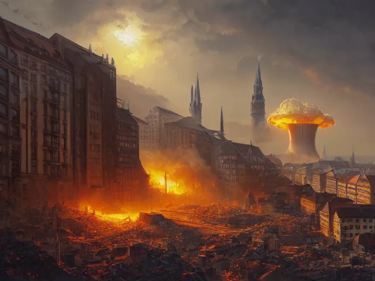 Image similar to , city of munich!!!, nuclear explosion!!!, rubble, hyperrealistic, highly detailed, cinematic, single ray of golden sunlight, beautiful, cgssociety, artstation, 8 k, oil painting by greg rutkowski, by artgerm, by wlop