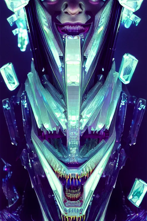 Prompt: dreamland of chinese, ghost, sharp, slender and densely arranged teeth, dystopian, cyberpunk, nanotech demonic monster horror, mecha, halfturn portrait of a big crystal face made of crystals half - turn, ominous, intricate, studio, art by anthony macbain + greg rutkowski + alphonse mucha, concept art, 4 k, sharp focus