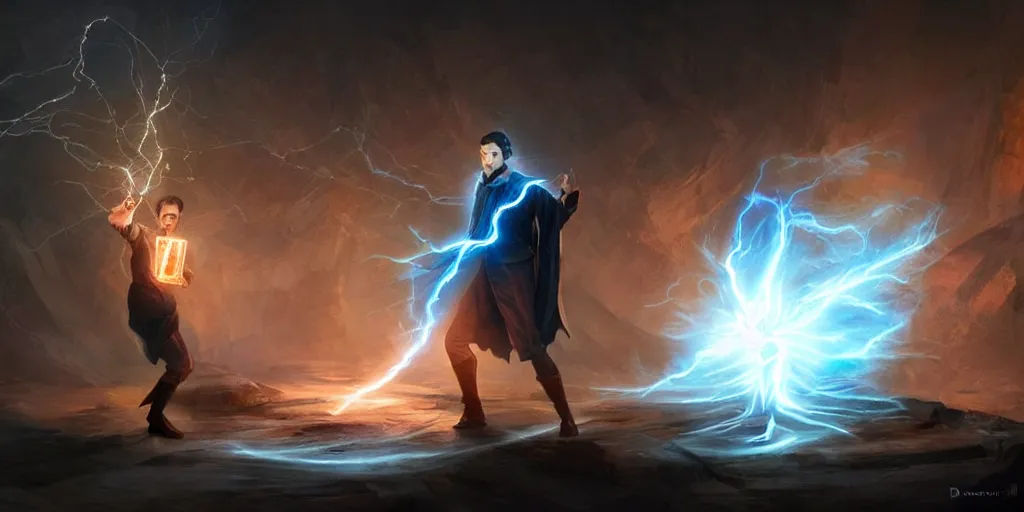 Image similar to a male sorcerer that looks like nikola tesla casting a lighting spell, light rays, bloom, epic pose, dramatic lighting, concept art, by dan luvisi, jason chan and gilles beloeil
