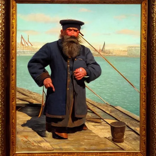 Prompt: painting of sailor hobo hyperrealism vasily vereshchagin at harbor steamboat