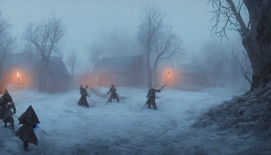 Image similar to four knights fighting in the old foggy village near a well, one knight in the foreground, three knight in the middleground, painted in the style of stepan alekseev chosac, winter, dark atmosphere, highly detailed, uplight, 8k, unreal engine, octane rendered, wow