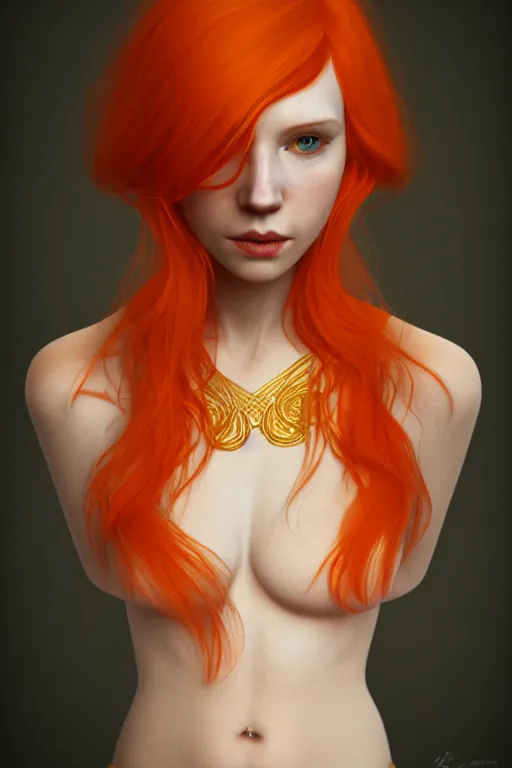 Image similar to Portrait of a beautiful pale skin Nordic female with short orange hair, elegant, photorealistic, highly detailed, artstation, smooth, sharp focus, gold ornaments, neon lighting, sci-fi, art by Klimt.