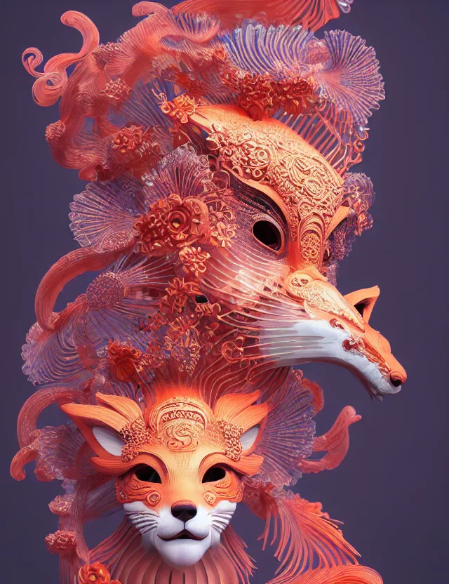 Prompt: 3 d goddess close - up profile portrait. beautiful intricately detailed japanese autumn fox mask and clasical japanese kimono. betta fish, jellyfish phoenix, bio luminescent, plasma, ice, water, wind, creature, artwork by tooth wu and wlop and beeple and greg rutkowski