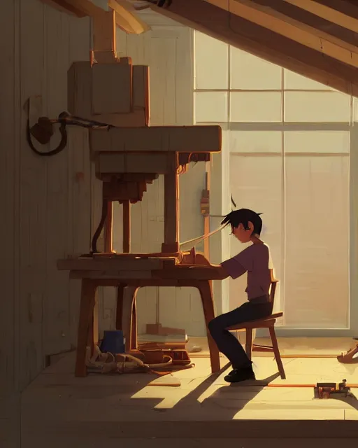 Prompt: woodworker building a new chair on his shop, detailed, cory loftis, james gilleard, atey ghailan, makoto shinkai, goro fujita, studio ghibli, rim light, exquisite lighting, clear focus, very coherent, plain background, soft painting