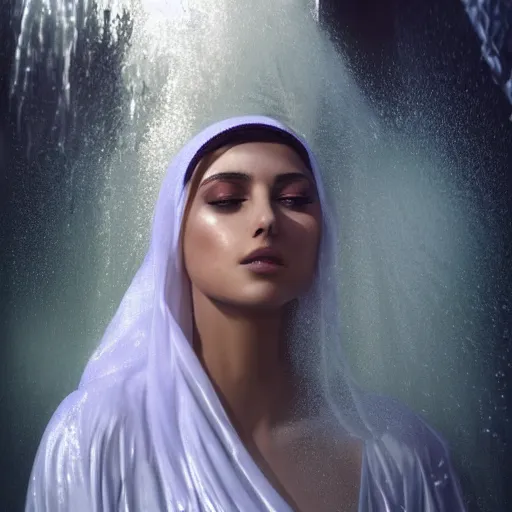 Prompt: beautiful Arab woman, white transparent veil black hair, bathing in a waterfall, ethereal, emotive, fine art, water mist, mystical, Romanticism, natural light, cinematic lighting, ultra detailed, highly detailed, sharp focus, golden background with flowers, golden jewellery with blue sapphires, photographic, art by artgerm and greg rutkowski and zdislav beksinski