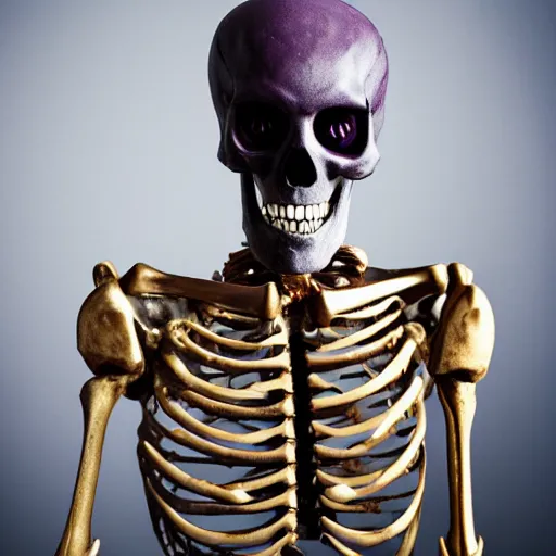 Prompt: a detailed professional portrait of a fancy skeleton with expressive features and metallic teeth, metal teeth, professional photography, longshot, full portrait, skeleton in a suit, purple glowing eyes