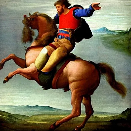 Image similar to renaissance painting of messi dressed in grenadier clothing on horseback