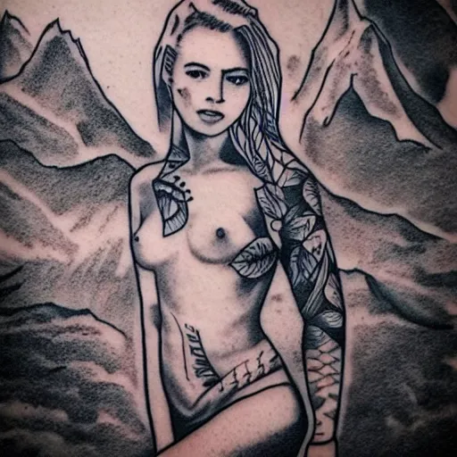 Image similar to tattoo design sketch of a beautiful girl and beautiful mountain scenery, hyper realistic