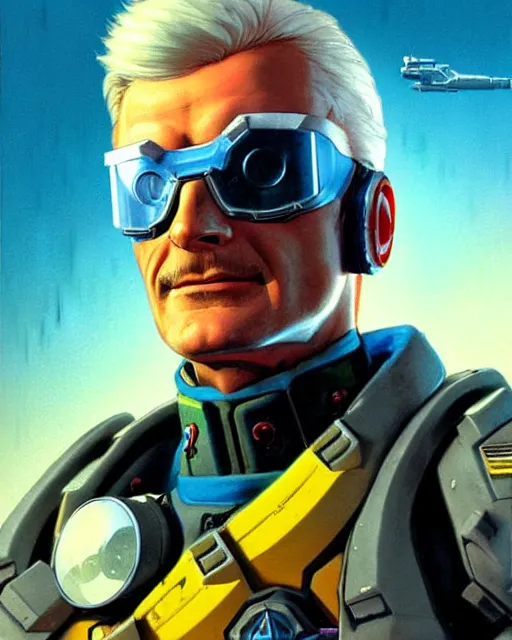 Prompt: soldier 7 6 from overwatch, white hair, character portrait, portrait, close up, concept art, intricate details, highly detailed, vintage sci - fi poster, retro future, in the style of chris foss, rodger dean, moebius, michael whelan, and gustave dore