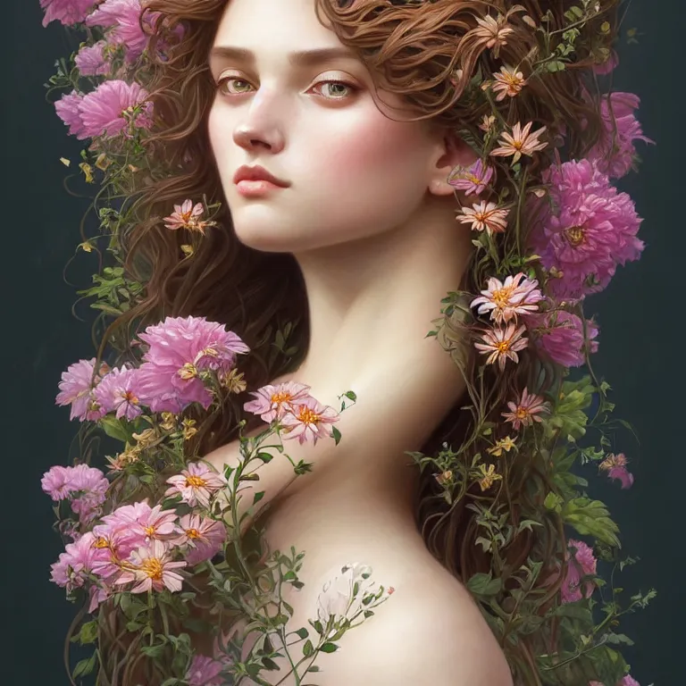 Prompt: full - length portrait!!!! about the beautiful!!!! symmetrical face!! girl, beautiful, cute face decorated with flowers and plants, complex, elegant, highly detailed, digital painting, artstation, concept art, smooth, clear focus, illustration, works by artgerm, greg rutkowski and alphonse mucha, 8 k