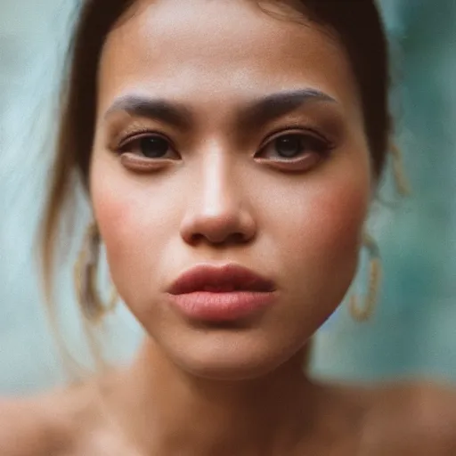 Image similar to a close-up of a gorgeous woman’s face looking at the camera with a mix of desperation and awe, soft blurred city background, captured in low light and sharp focus, cinestill 800t