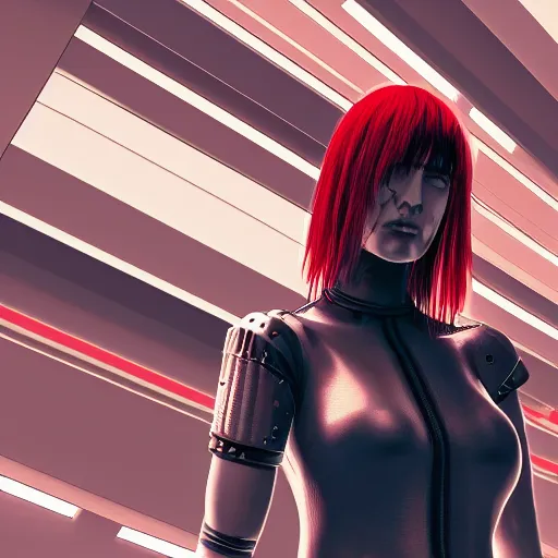 Image similar to realistic digital artwork of cyberpunk female wearing thick leather and steel collar, 4K, red highlights, symetrical,