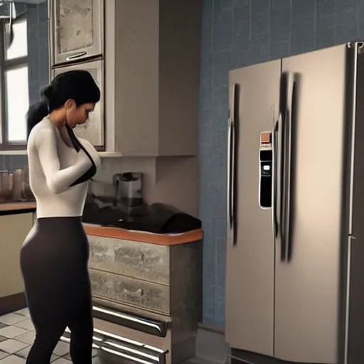 Image similar to kim kardashian fixing a fridge and in a dirty kitchen, 1 9 0 0, photorealist, ultra hd, unreal engine