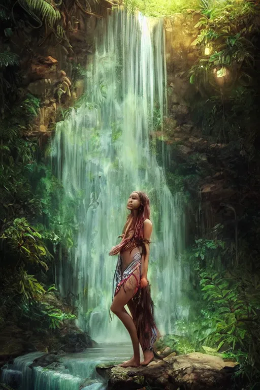 Prompt: portrait of bohemian girl in the jungle by a waterfall, staring directly into camera, intricate, elegant, glowing lights, highly detailed, digital painting, artstation, sharp focus, illustration, art by wlop, mars ravelo and greg rutkowski