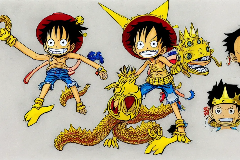 Image similar to concept sketches of luffy wearing a gold crown riding a large dragon by jamie hewlett, in the style of megaman, micro detail