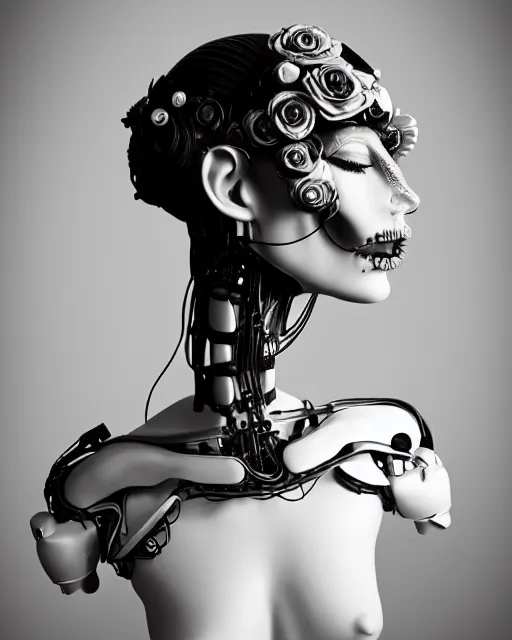Image similar to black and white dreamy foggy profile face portrait, one steampunk eye biomechanical beautiful young female cyclope - cyborg - robot bust, body ribs meshes,, volumetric light, hibiscus flowers, by hg giger, rim light, by dora maar and cecile beaton, big gothic fashion pearl embroidered collar, 8 k