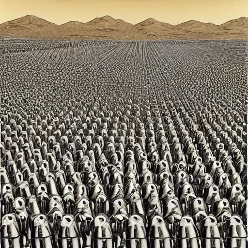 Image similar to painting of army of army of metallic robots in desert, by mc escher