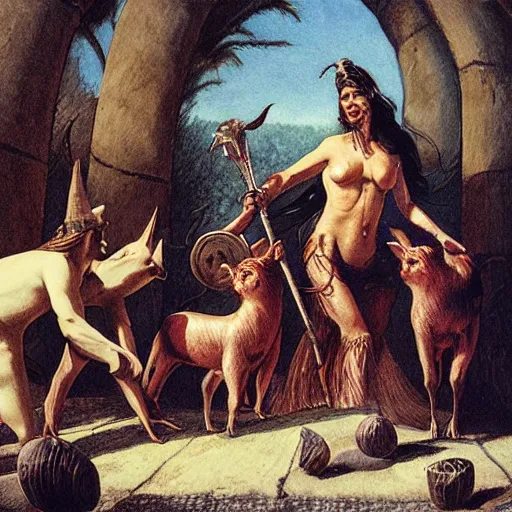 Image similar to witch circe sticks the pigs, the odyssey, art by petrus christus