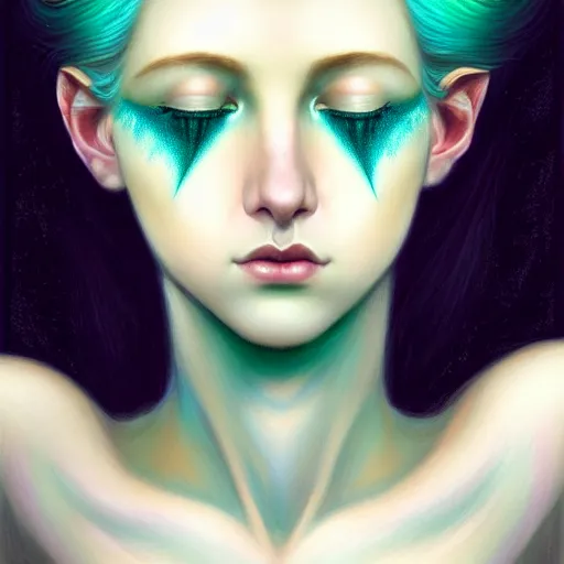 Image similar to portrait of girl with pale teal hair, luna moth, uniquely beautiful, fantasy, intricate, elegant, dramatic lighting, emotionally evoking symbolic metaphor, highly detailed, lifelike, photorealistic, digital painting, artstation, concept art, smooth, sharp focus, illustration, art by John Collier and Albert Aublet and Krenz Cushart and Artem Demura and Alphonse Mucha