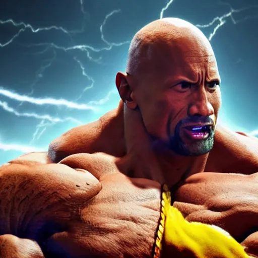 Image similar to full shot of Dwayne Johnson as Supa Saiyajin Broly at moonlight, lightning bolt, apocalyptic background, by Akira Toriyama, high detail, unreal engine 4k, volumetric light