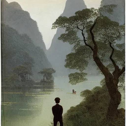 Image similar to a young man in guilin, by caspar david friedrich,