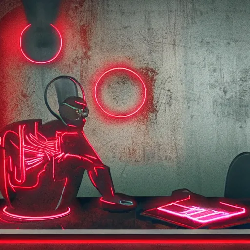 Image similar to A cyberpunk red neon prostetic on an iron table, sci-fi art, digital art