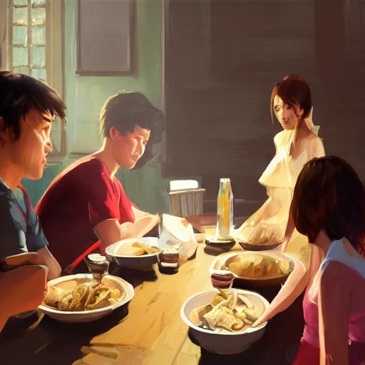 Prompt: a steaming pile of poop on a dinner table, family seated around the table with happy faces, trending on art station, realistic shaded lighting poster by ilya kuvshinov katsuhiro, magali villeneuve, artgerm, jeremy lipkin and michael garmash, rob rey and kentaro miura style