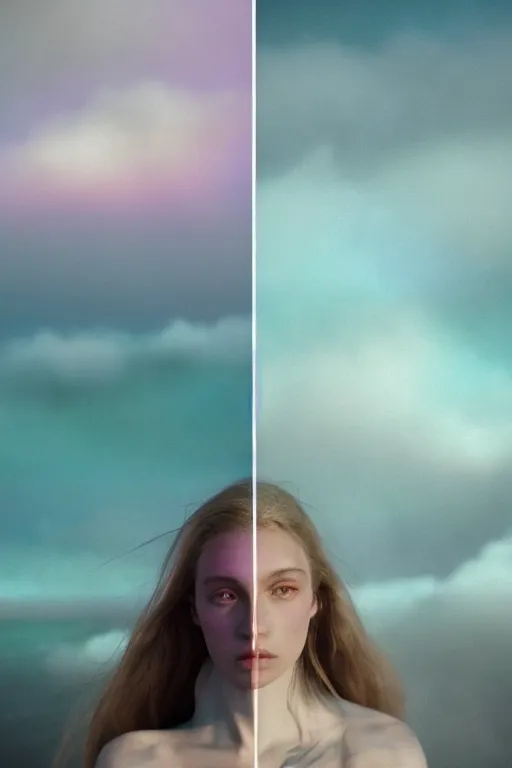 Image similar to high quality pastel coloured film close up wide angle photograph of a model wearing clothing swimming on cloud furniture in a icelandic black rock!! environment in a partially haze filled dreamstate world. three point light, rainbow. photographic production. art directed. pastel colours. volumetric clouds. pastel gradient overlay. waves glitch artefacts. extreme facial clarity. 8 k. filmic.