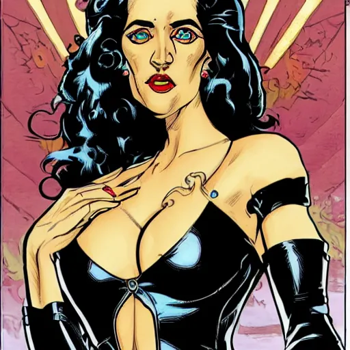 Image similar to José Luis García-López comic art, wide shot, stunning elegant female Eva Green, Indigo Magician, beautiful evil sneer, symmetrical face, symmetrical eyes, leather clothing and boots, long straight red hair, full body, Indigo occult pattern