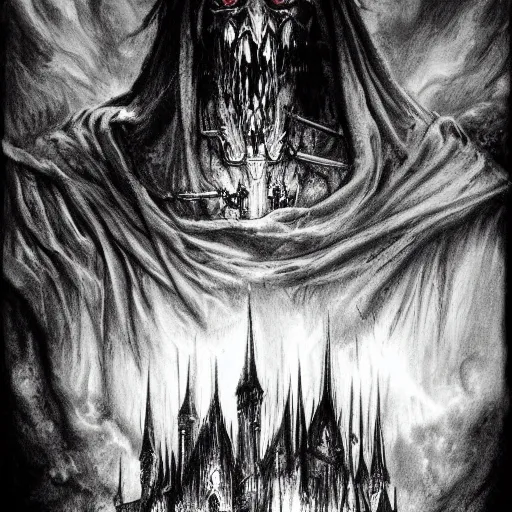 Prompt: Black and white drawing of Castlevania, Stephen Gammell style, evil, high detail, Scary Stories