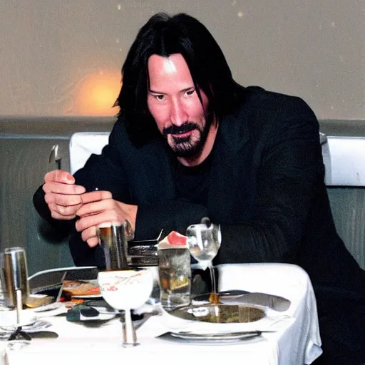 Image similar to Keanu Reeves having a dinner at the moon